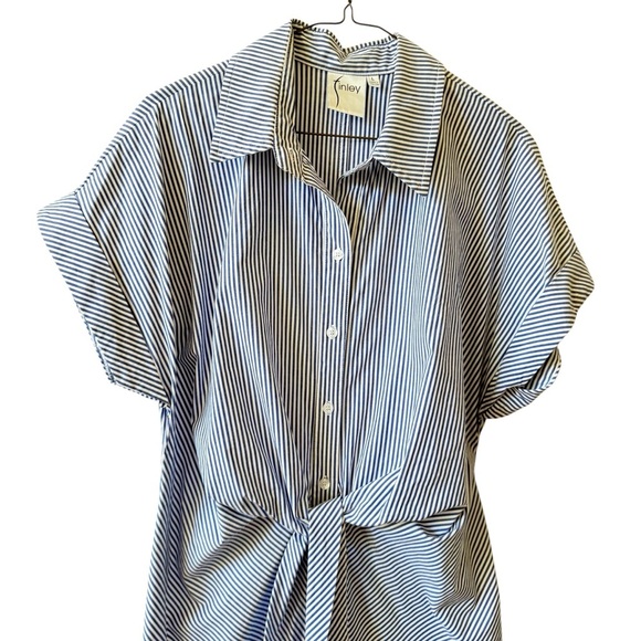 FINLEY STRIPED TIE WAIST COTTON BLEND MIDI SHIRTDRESS COASTAL NAUTICAL A LINE LG - Picture 3 of 12
